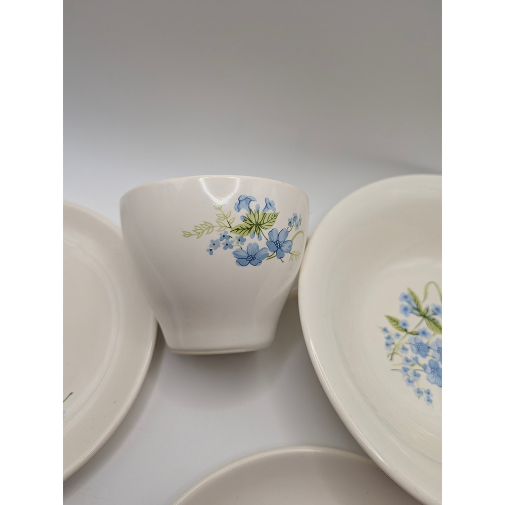 Vintage Blue Floral Cottagecore 4 Piece Tea Set Ceramic Bowl Plate Saucer Teacup